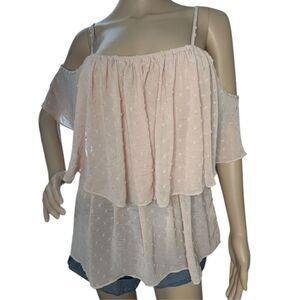 Blue Rain Blush Pink Off Shoulder Polka Dot Short Sleeve Blouse